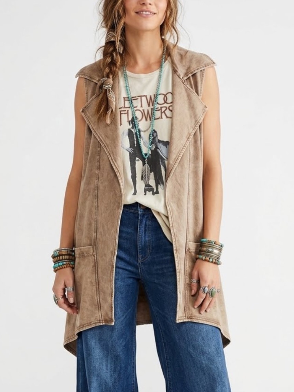 Testimony Los Angeles Brown French Terry Long Open Front Vest Large Like New